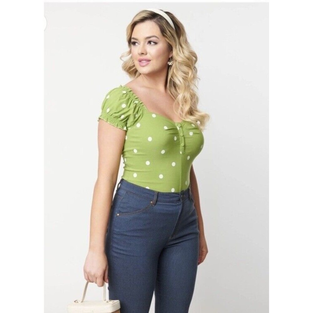 Unique Vintage Rockabilly Polka Dot Green & White Sweetheart Loretta Top Sz‎ 14